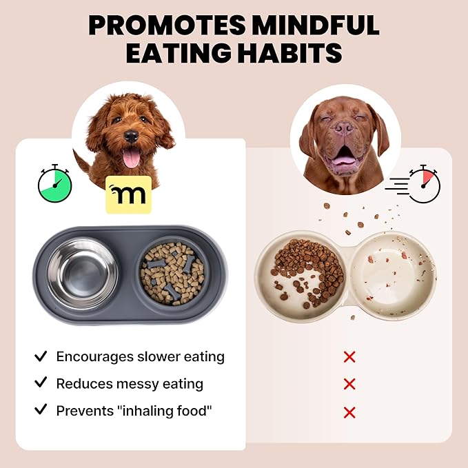 MalsiPree 2-in-1 Puppy Slow Feeder & Water Bowl Set - Essential Dog Gift for Small & Medium Pups - Silicone Feeding Mat & Stainless Steel Bowls, Travel-Ready Training Station for Fast Eaters - Gray
