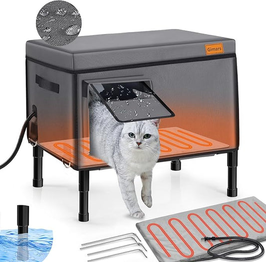 Gimars Upgrade Heated Cat House for Outside Winter, with Heating Pad Outdoor Cat House Weatherproof Waterproof, 5.1" Elevated Stray Cat Shelter, Foil Insulate Heated Cat Bed Outdoor for Barn Feral