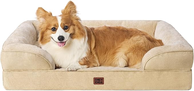 EHEYCIGA Orthopedic Dog Beds for Large Dogs, Waterproof Memory Foam Large Pet Bed with Sides, Non-Slip Bottom and Egg-Crate Foam Dog Couch Bed with Washable Removable Cover, Greige