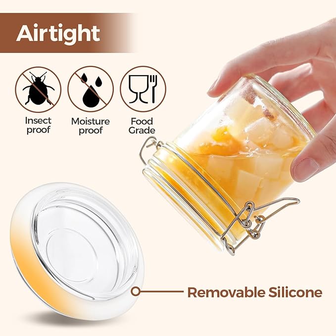 ComSaf 8oz Small Airtight Glass Jars Set of 6 with Lid Food Storage Jar Round, Mini Storage Container with Clear Preserving Seal Wire Clip Fastening for Kitchen Canning, Jam, Spice, Honey, Mason Jars