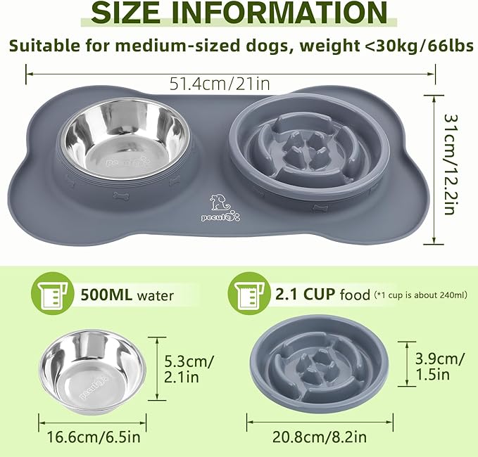 Pecute Slow Feeder Dog Bowls to Slow Down Eating, Dog Bowl Slow Feeder with No-Spill Non-Skid Silicone Mat, Food-Grade Safe Dog Food Bowls Slow Feeder, Stainless Steel Dog Water Bowl for Dogs Cats
