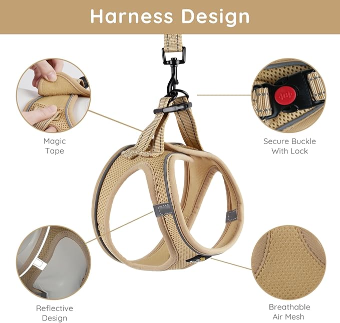 BELLA & PAL Step in Vest Harness for Small and Medium Dogs, No Pull Small Dog Harness with Leash Set, Comfortable Air Mesh Dog Vest Harness with Reflective Strip (Khaki, L)