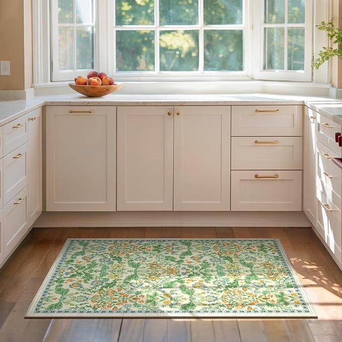 Floral Entryway Washable Rug: 2x3 Soft Low Pile Thin Indoor Front Door Mat, Non Slip Stain Resistant Vintage Flower Boho Accent Small Rugs for Bedroom, Kitchen, Bathroom, Nursery Entrance - Ivory