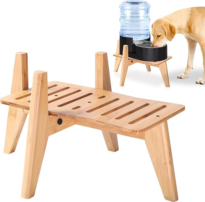 Dog Water Bowl Dispenser Stand - Compatible with Automatic Food Feeders and Water Dispensers - Adaptable Size (Fits S-M-L Sizes) - Natural Bamboo