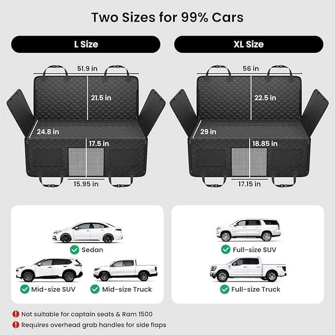 REEVAA Dog Car Seat Cover for Back Seat, Hard Bottom Dog Hammock, Pet Bed Extender for 2-4 Large/Medium Dogs, Waterproof Seat Protector, Universal L Size Fits for SUV Medium Truck, Black