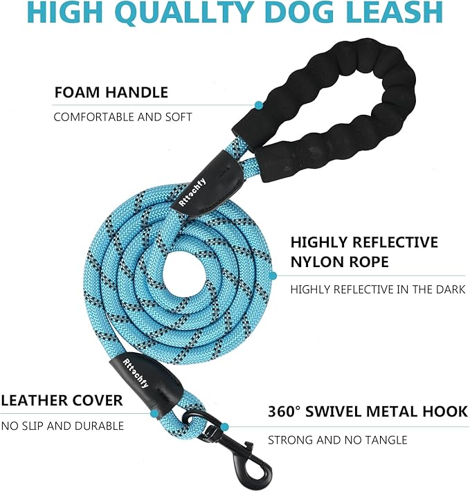 Rttochfy Rope Dog Leash 2/4/5/6/8/10 FT with Comfortable Padded Handle and Highly Reflective Threads for Small Medium and Large Dogs Heavy Duty (1/2"-8 FT, Black)