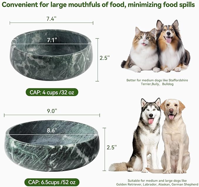 Natural Marble Dog Bowl, 5lbs Non-Slip Cat and Dog Food Bowl Dish, Non-Tipping Weighted Puppy Pet Dish, Durable Food and Water Bowls, Easy to Clean, Holds 4 Cups(Indian Green)