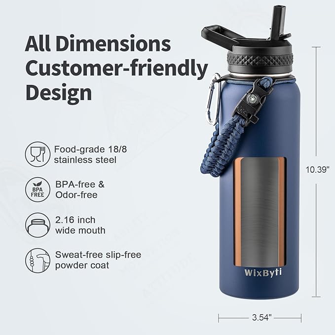 40 oz Insulated Water Bottle with Straw (Cold for 48 Hrs), Stainless Steel Triple Wall Vacuum Sports Water Jug, Leakproof Hydro Cup Flask with Paracord Handle & Straw Spout Lids & DIY Stickers