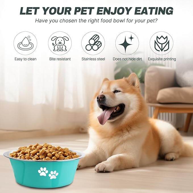 Stainless Steel Dog Bowls, Nonslip Rubber Bottom No Spill Proof Skid Metal Insulated Dog Bowls for Large Medium Small Breed Dogs (Green, 8.5 Cups/71 OZ)