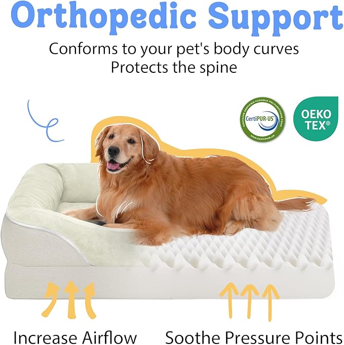 Washable Orthopedic Large Dog Bed - Extra Large Dog Beds with Bolsters Removable Orthopedic Foam Support Dogs Bed for XL Large Size Dogs with Waterproof Cover Non-Slip Bottom Pet Beds