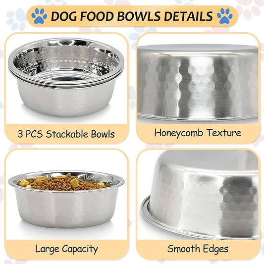 Fhiny 3 Pack Hammered Stainless Steel Cat Bowls, 2 Cups/16 Oz Premium Metal Puppy Feeder Bowl Set for Raised Feeding Station Basic Kitten Food & Water Dishes for Small & Medium Pets Dishwasher Safe