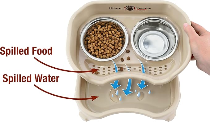 Neater Feeder Express Mess Proof Cat Bowls Elevated, No Spill Feeding Station, Stainless Steel Dishes for Food and Water, Raised Bowls for Indoor Cats, No Fatigue Whisker Friendly Dish, Almond