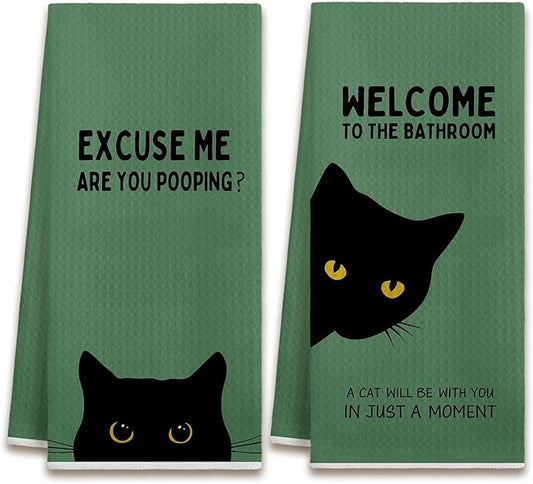 Funny Black Cat Bathroom Hand Towels Decorative Set of 2 - Funny Kitten Kitty Waffle Hand Towels for Guest Bathroom Decor, Black Cat Gifts for Cats Lovers, Unique House Warming Gifts New Home Idea