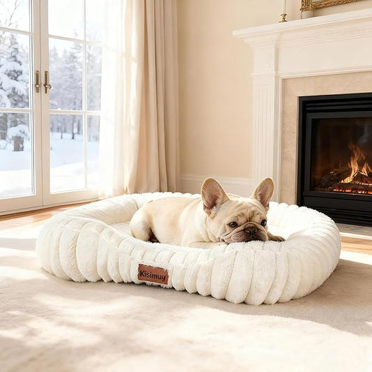 Cute Washable Dog Bed for Small Medium Dogs, Orthopedic Plush Rectangle Anti-Anxiety Dog Bed, Medium Calming Bolster Puppy Bed with Durable Removable Zipper Cover&Anti-Silp Bottom, 30in, Cream