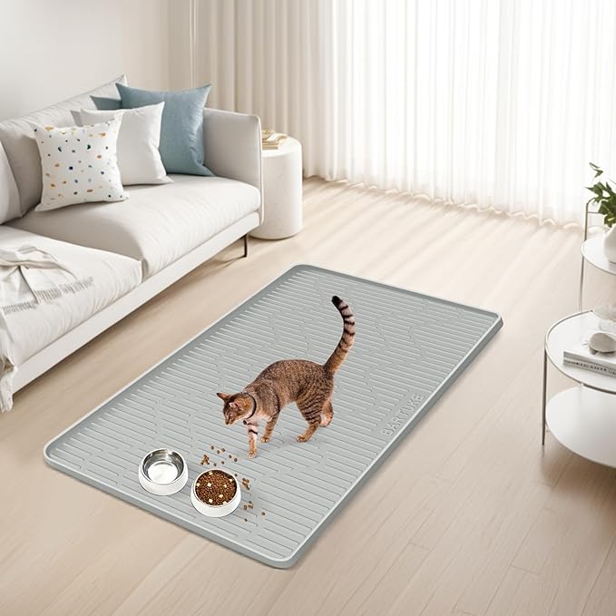 Silicone Cat & Dog Food Mat, 28" x 22" Large Pet Feeding Mat for Cats and Dogs Bowl, Pet Placemat for Food and Water with Raised Edge, Waterproof, Leakproof (Grey)