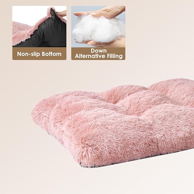 EHEYCIGA Fluffy Dog Crate Bed for Extra Large Dogs, Plush Faux Fur Crate Pad, Calming Anti Anxiety XL Dog Bed, Washable Soft Warm Crate Mat with Non-Slip Bottom, Pink