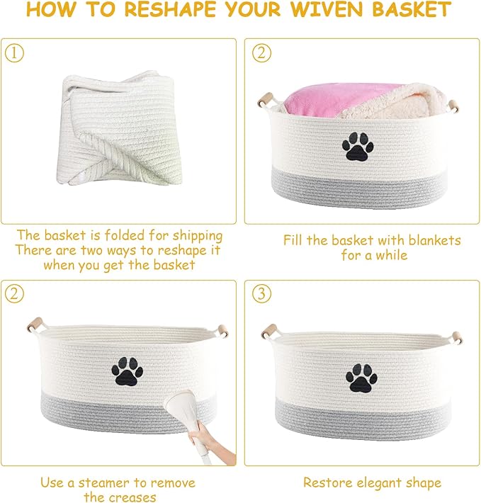 Geyecete Dog toy basket dog toy bin Woven Storage Baskets for Dog Cat Dog Toy Box Sturdy Reinforced Handles with Paw Print basket-Beige/Gray