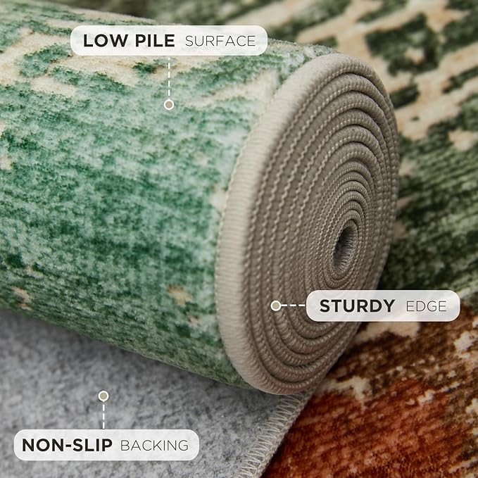 Joydeco 2x6 Washable Runner Rug for Hallway, Modern Abstract Non-Slip Soft Rugs, Low Pile Carpet for Entryway, Bedroom, Kitchen, Laundry, Green & Orange & White