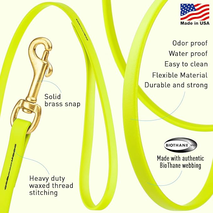 Viper Biothane K9 Working Dog Leash Waterproof Lead for Tracking Training Schutzhund Odor-Proof Long Line with Solid Brass Snap for Puppy Medium and Large Dogs, 33ft Safety Yellow
