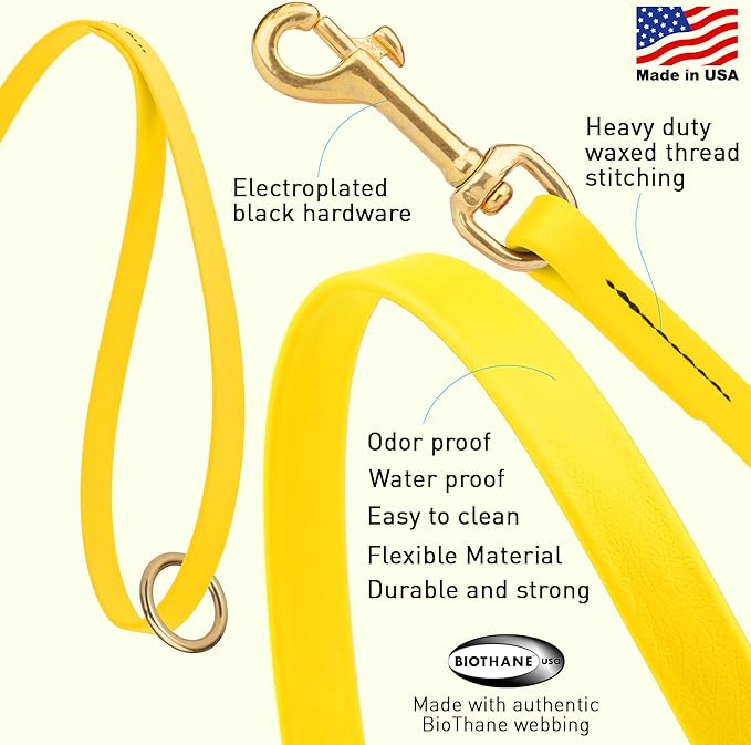 Viper Biothane K9 Working Dog Leash Waterproof Lead for Tracking Training Schutzhund Odor-Proof Long Line with Solid Brass Snap for Puppy Medium and Large Dogs 6ft, Lemon Yellow