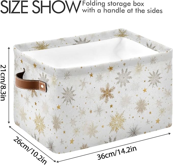 Winter Snowflake White Storage Basket with Waterproof Liner and PU Handles Golden Christmas Holiday Xmas Storage Boxes 14.2" Collapsible Decorative Organizer Baskets for Bedroom Closet Office 1 Pack