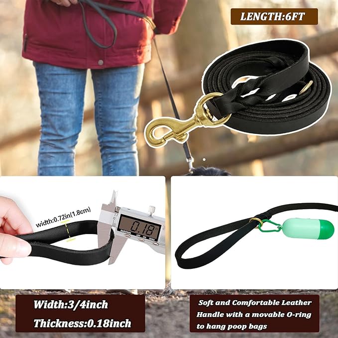 LWBMG Leather Dog Leash - 6ft x 3/4 inch Heavy Duty, Braided, Comfortable for Large, Medium & Small Dogs - Black