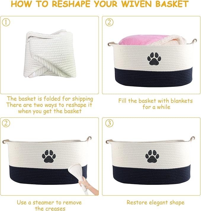 Geyecete Dog toy basket dog toy bin Woven Storage Baskets for Dog Cat Dog Toy Box Sturdy Reinforced Handles with Paw Print basket-Beige/Dark Blue