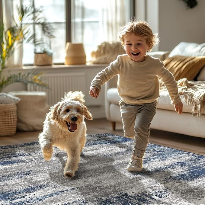 Bavni 5x7 Rug, Abstrcat Machine Washable Rug Non-Slip, Soft Mordern Lightweight Area Rug, Stain Resistant Rugs for Living Room, Bedroom, Dining Room, Blue/Ivory