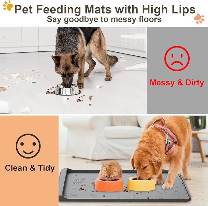 Dog Food Mat - Silicone Dog Mat for Food and Water - 36" x 24" Large Pet Feeding Mats with Residue Collection Pocket - Waterproof Dog Cat Bowl Mat with High Edges to Prevent Water Food Spills (Gray)
