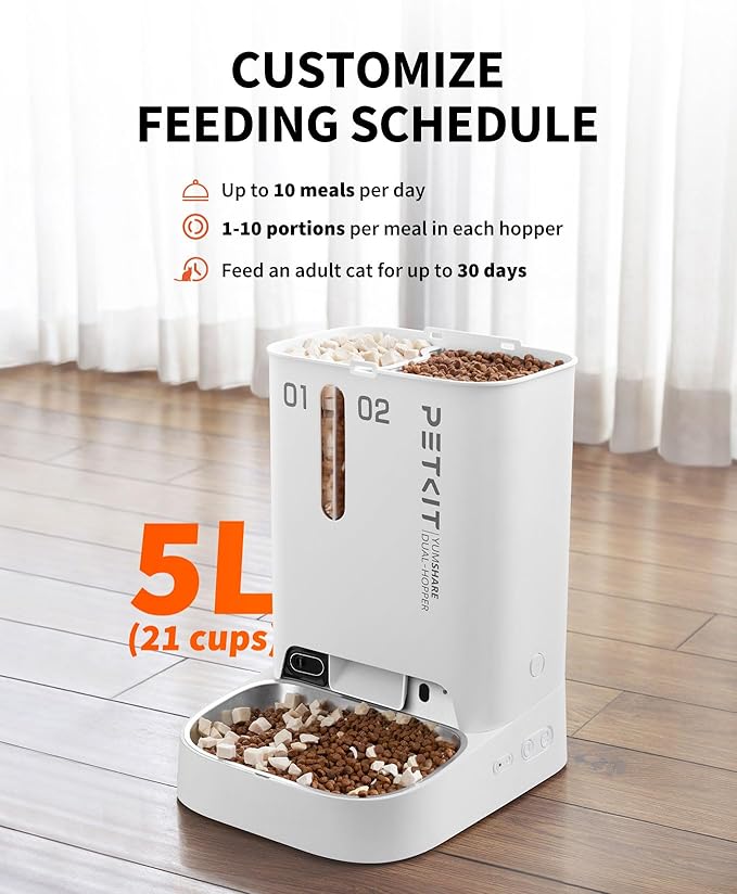 PETKIT Automatic Cat Dog Feeder with Camera, AI-Powered Motion Capturing, 1080P HD Video with Night Vision, 2.4G WiFi Pet Feeder with 2-Way Audio, Dual Hopper Pet Food Dispenser with Desiccant