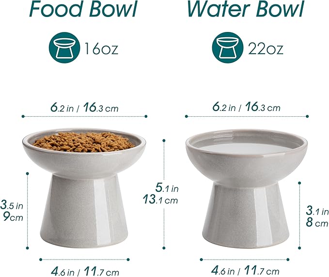 vancasso Ceramic Elevated Cat Bowls 2-Pack - 6.2" Extra Wide Raised Cat Food & Water Dishes, 5.1" Optimal Height Anti-Whisker Fatigue Shallow Bowls for Cats/Kittens/Dogs, Lead & Cadmium Free (Grey)