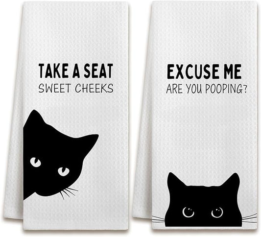 Funny Black Cat Bathroom Hand Towels Decorative Set of 2 - Funny Waffle Hand Towels for Guest Bathroom Decor, Black Cat Gifts for Cats Lovers, Unique House Warming Gifts New Home