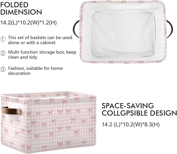 Wamika Pink Cherry Bow Storage Basket with Waterproof Liner and PU Handles Coquette Bowknot Storage Bins Boxes 14.2" Collapsible Decorative Organizer Baskets for Bedroom Closet Office 1 Pack