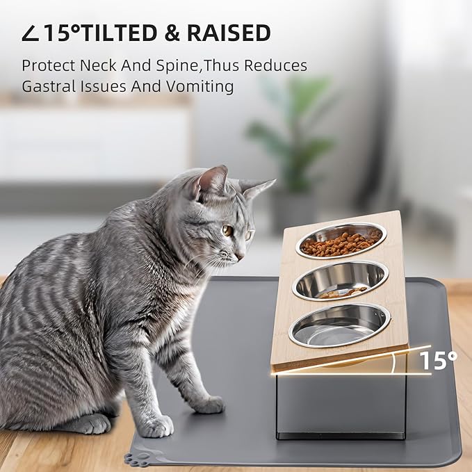 Upgraded Elevated Cat Bowls with Food Mat,15°Tilted Stand Anti Vomiting Raised Cat Dishes for Food and Water,3 Stainless Steel Bowls for Cats and Puppy