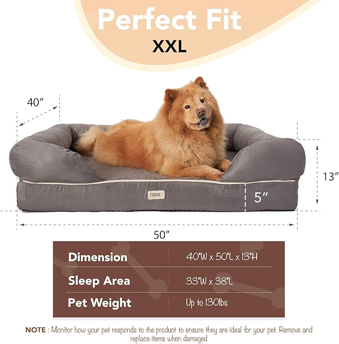 Chester XX-Large Dog Bed - Orthopedic Memory Foam Mattress, Calming Couch Bed, Wall Rim Pillow, Water Resistant Liner, Washable Cover, Non-Slip Bottom, Grey
