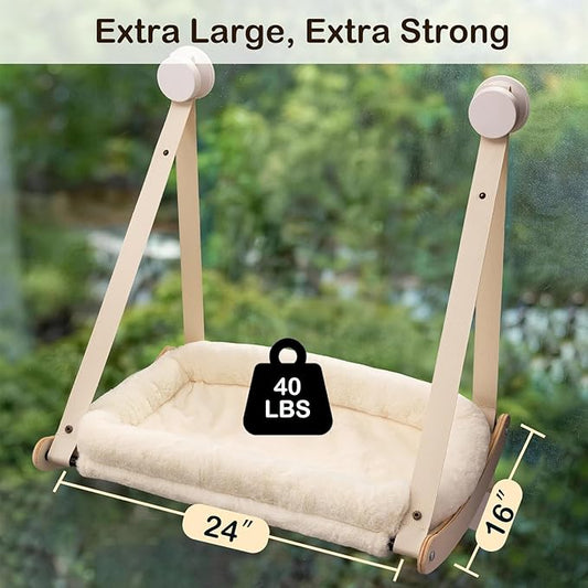 Kilodor Cat Window Perch, Cat Hammock for Window with 4 Strong Suction Cups - Easy Assembly, Solid Wood Frame with Large Cats Bed - Supports Up to 40lbs for Indoor Cats