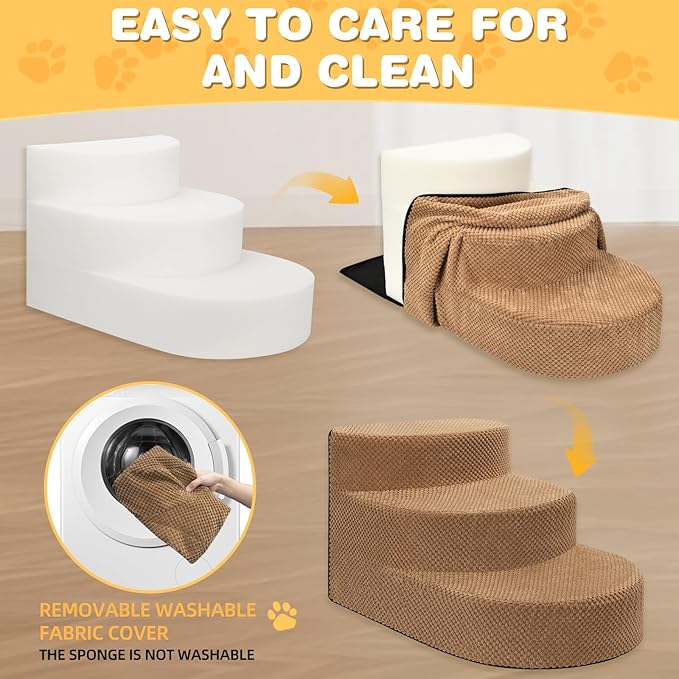 Dog Stairs for Small Dogs, Foam Steps for Small Dogs & Cats, 3 Steps Dog Ramp for High Beds, Couch, Window, Sofa, Pet Stairs with Removable Washable Cover, Non-Slip Sturdy Pet Steps, Khaki