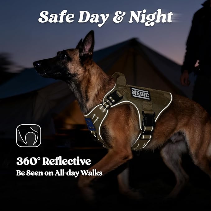 rabbitgoo Tactical Dog Harness for Extra Large Dogs, No Pull Upgraded Reflective Heavy Duty Molle Vest with Handle, Adjustable Military Service Dog Vest for Walking Hiking Training, Brown, XL