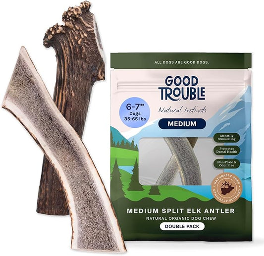 Good Trouble Premium Elk Antlers for Medium Dogs – 2 Pack Split - All-Natural, Shed Antler Chews for Dental Health & Calming - Durable Dog Bones - Cruelty-Free, North American Sourced