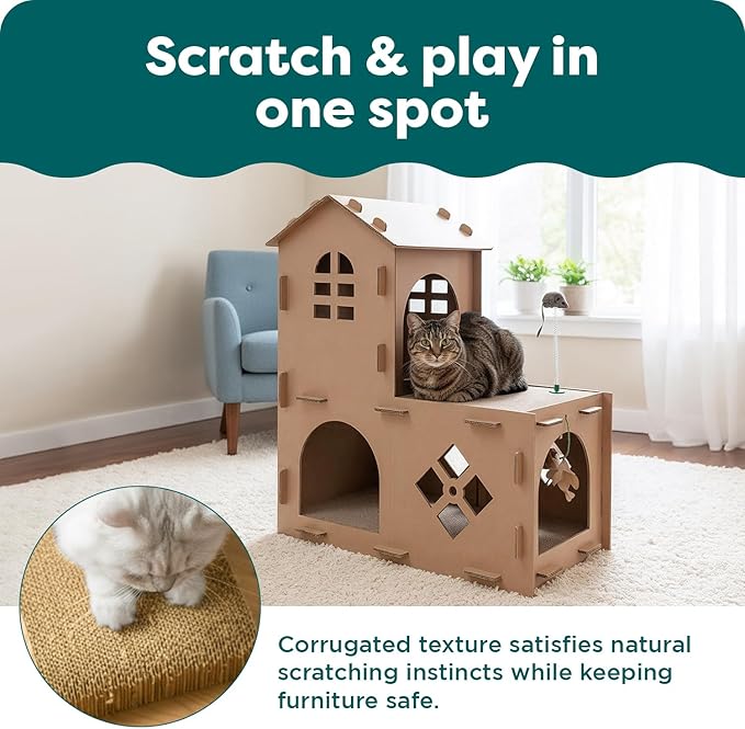 FurHaven Farmhouse Multi-Level Cardboard Cat House for Indoor Cats with Catnip & Toys, Double-Walled Corrugated Scratcher Designed for Lounging, Play & Comfort, One Size, Cardboard, Brown