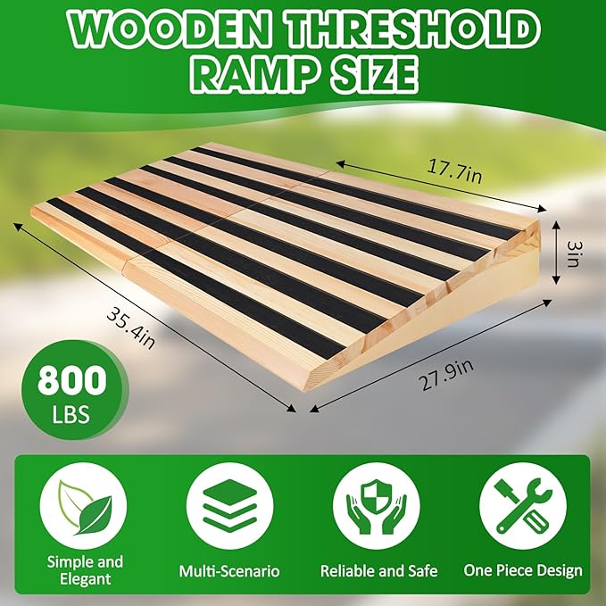 Wooden Threshold Ramp for Home Steps, 3" Rise Door Ramp for Wheelchair/Walker/Cart/Scooter, Doorway Ramp with Non-Slip Stripes(35.4" L*3.0" H, Solid Wood, 800LBs Capacity)