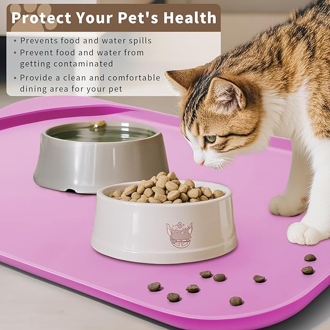 Silicone Pet Food Mat with Raised Edge for Food and Water Bowl, Dog Feeding Mats, Cat Food Trays for Floor Waterproof, Rubber Tray for Dogs and Cats, 24 x 16 x 0.8 Pink