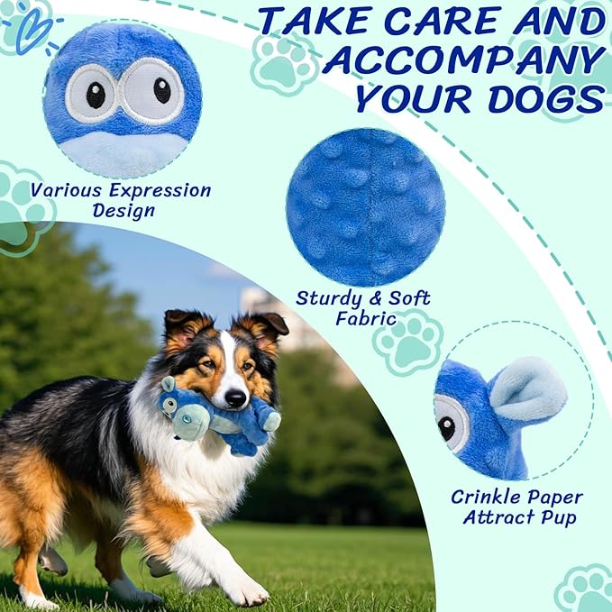 Squeaky Stuffed Dog Toys, Chew Toy for Large Medium Small Breeds, Plush Dog Toys to Keep Them Busy, Puppy Teething Dog Toy, Crinkle Dog Toy (Blue Hippo)