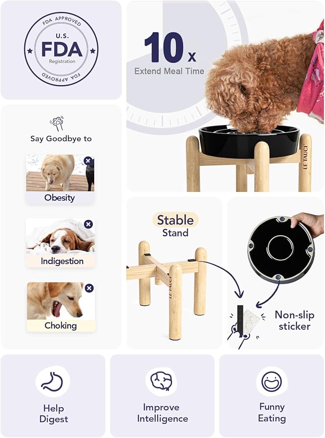 LE TAUCI Ceramic Slow Feeder Dog Bowls Elevated, 1.5 Cups Raised Dog Food Bowl with Wooden Stand for Small Medium Breed, Pet Dishes to Slow Down Eating, Skull Black