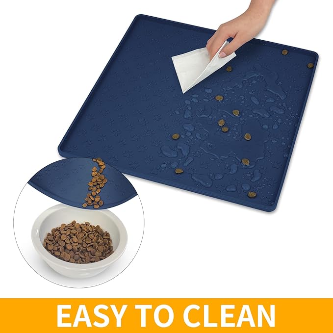 Ptlom Pet Placemat for Dog and Cat, Waterproof Non-Slip Silicone Feeding Bowl Mat Prevent Food and Water Overflow, Puppy Dish Feeder Fountain Trays Suitable for Medium and Small Pets, Navy Blue