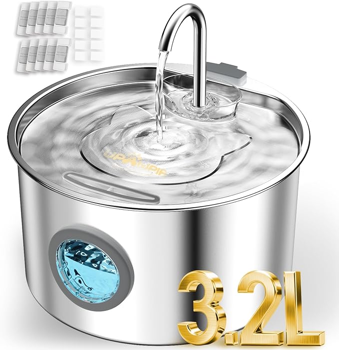 3.2L Cat Water Fountain Stainless Steel with 20 Filters Automatic Pet Water Fountain for Cats/Dogs Indoor Ultra Quiet Metal Cat Fountains for Drinking Kitty Watering Supplies for Animals