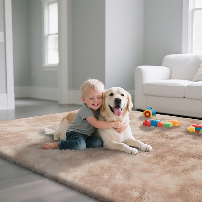 Fluffy Rug Shaggy Area Rug, Mottling Beige 8x10 Area Rugs for Living Room, Large Shag Area Rugs for Bedroom Kids Room Home Decor, Upgrade Anti-Skid Rectangular Fuzzy Rugs