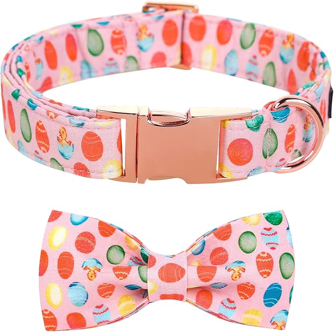 Maca Bates Easter Day Dog Collar with Fancy Bow Tie for Extra Small Girl Boy Dogs, Pink Easter Egg,Chick Pattern,Adjustable Durable Soft Breakaway Collars for Male Female Puppy