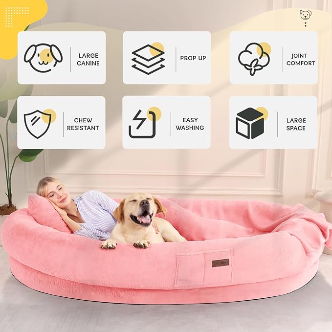 Human Dog Bed for Adults with Blanket and Pillow, 71"x51"x12" Washable Orthopedic Size, Faux Fur Removable, Cozy Large Present, Pink