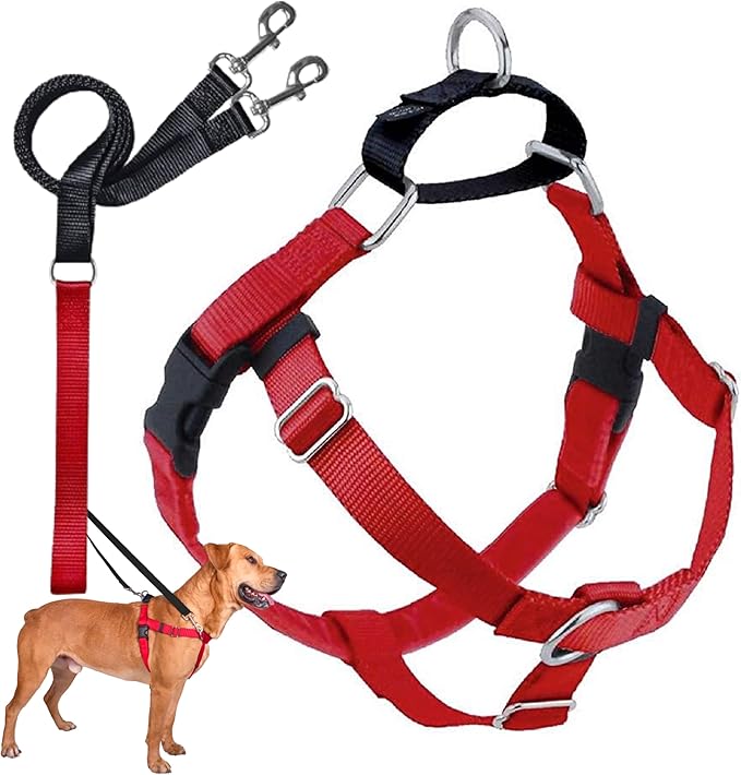 2 Hounds Design Freedom No Pull Dog Harness, Adjustable Harness and Leash Set, Easy Walking & Comfortable Control, Fits Small, Medium & Large Dogs, Solid Colors, Made in USA, 5/8" MD, Red